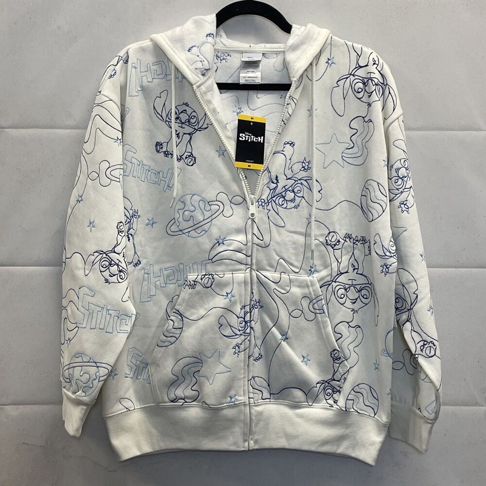 NEW! Disney Lilo & Stitch, Zip Up Hoodie Size MD, Off White, Outline AOP, Freeze